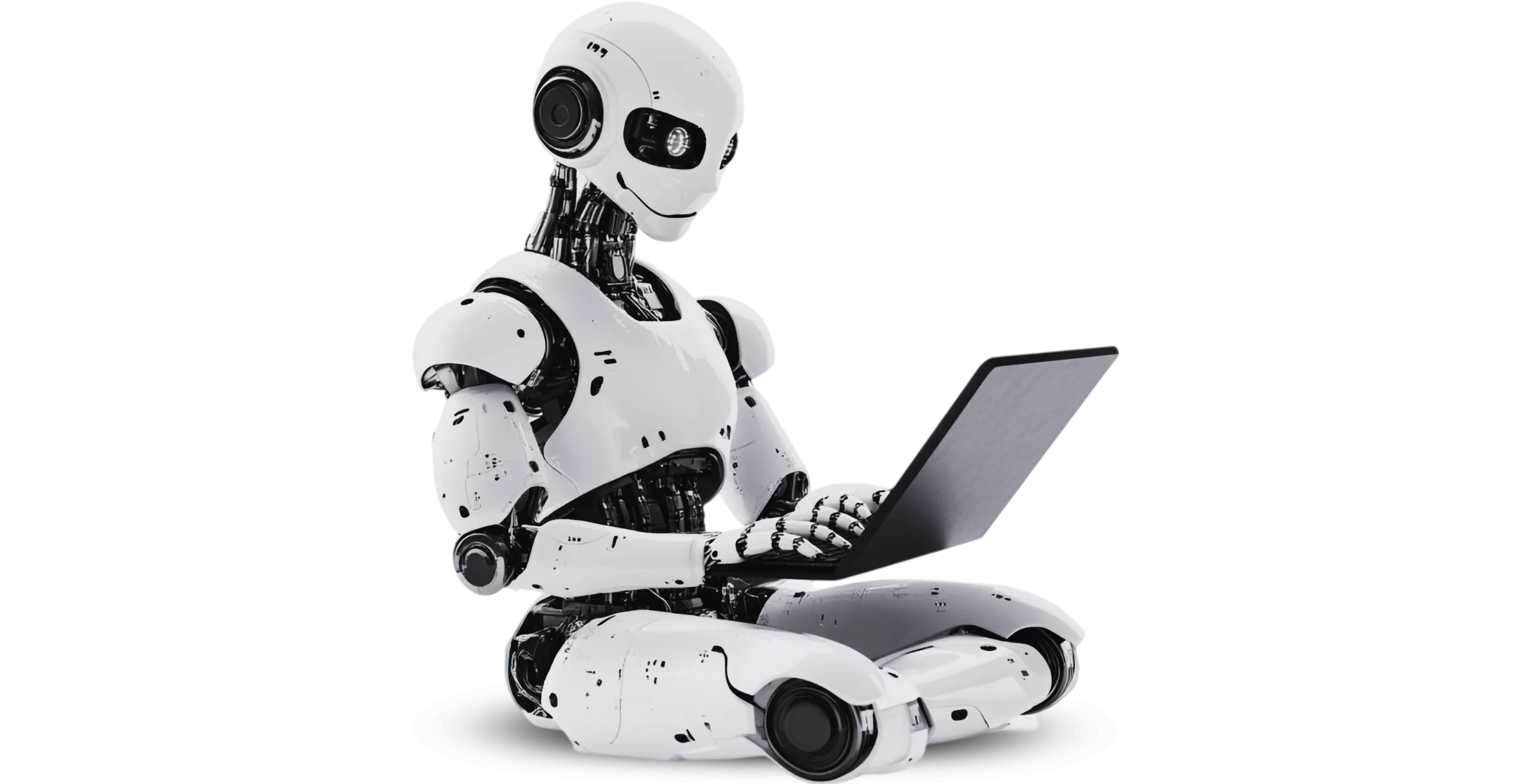 Robô com notebook, representando tecnologia aplicada e desenvolvimento inteligente de projetos.