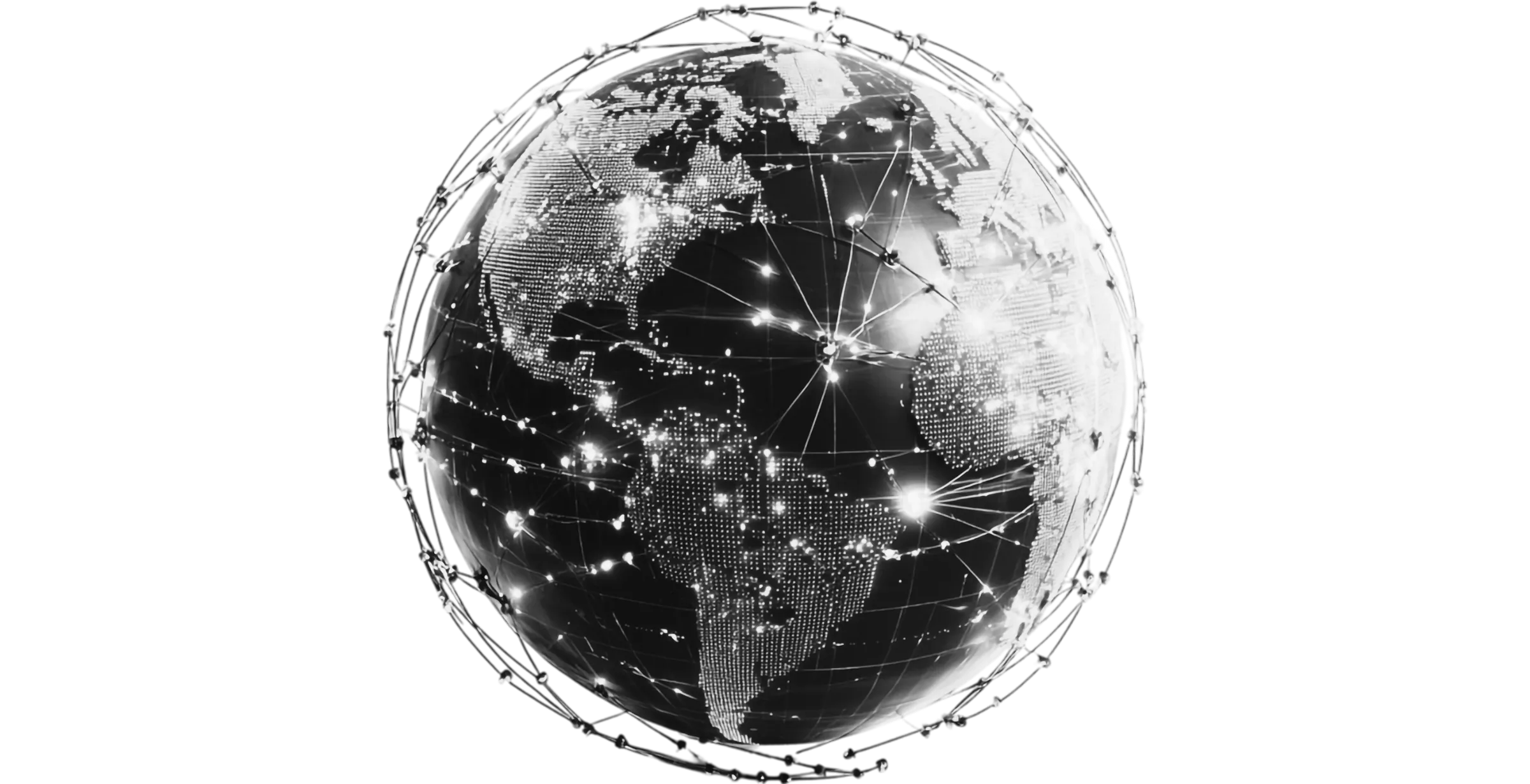 Planeta em rede com pontos de luz, simbolizando conectividade, dados e tecnologia.