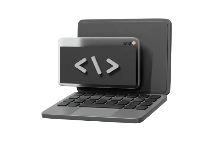 Tela com símbolo de código, representando tecnologia, performance e projetos digitais sob medida.