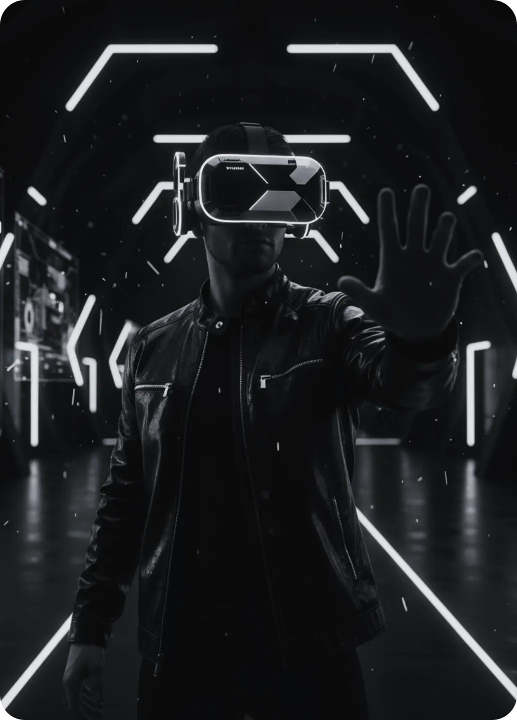 Homem usando óculos de realidade virtual em um corredor futurista escuro com luzes neon, usando jaqueta de couro e mão estendida à frente.