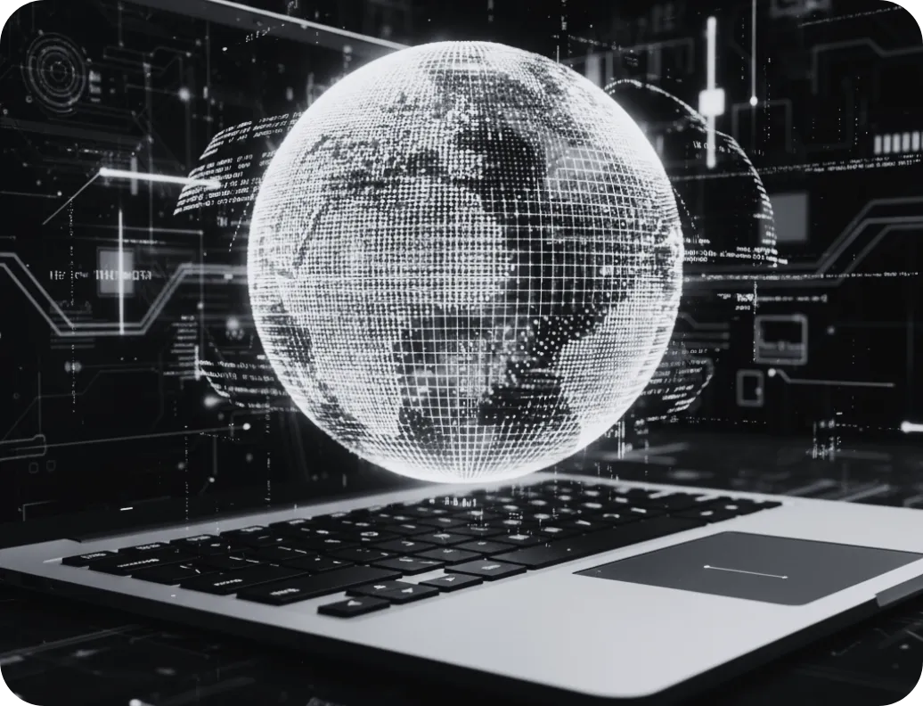 Globo digital holográfico flutuando sobre um notebook, com interface futurista e elementos de dados em fundo escuro.