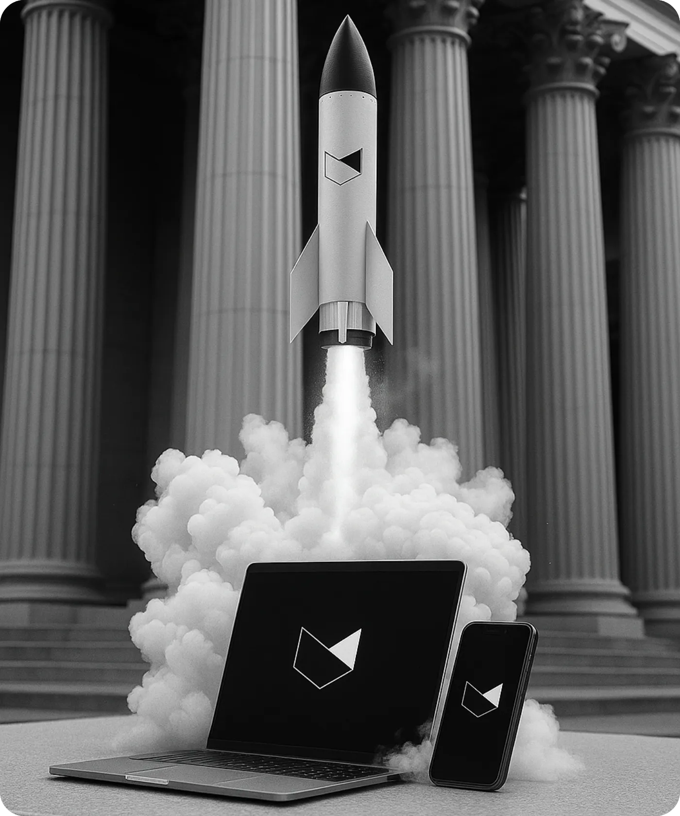 Foguete decolando de dispositivos digitais, ilustrando a aceleração e o lançamento de um projeto online.