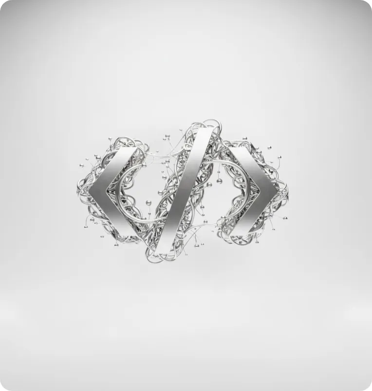 Símbolo de código em 3D, representando desenvolvimento web, estrutura e tecnologia.